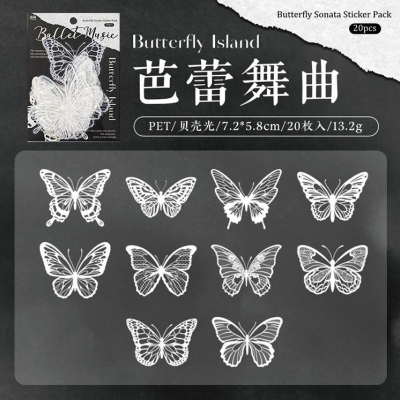 A pack of 20 butterfly stickers featuring detailed line art designs for journaling and crafts.