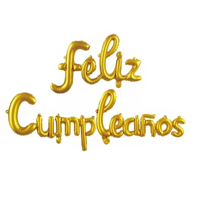 Golden foil balloon letters spelling Feliz Cumpleaños
