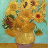 A still life painting featuring yellow sunflowers in a vase against a light blue background.