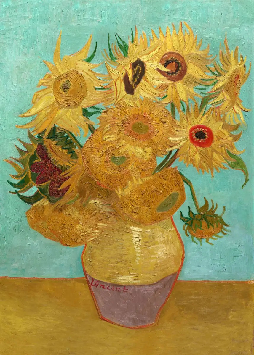 A still life painting featuring yellow sunflowers in a vase against a light blue background.