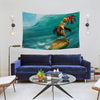 A large canvas flag featuring a comical, reddish-brown chicken surfing on a teal ocean wave against a blue sky.