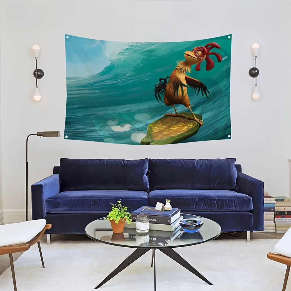 A large canvas flag featuring a comical, reddish-brown chicken surfing on a teal ocean wave against a blue sky.