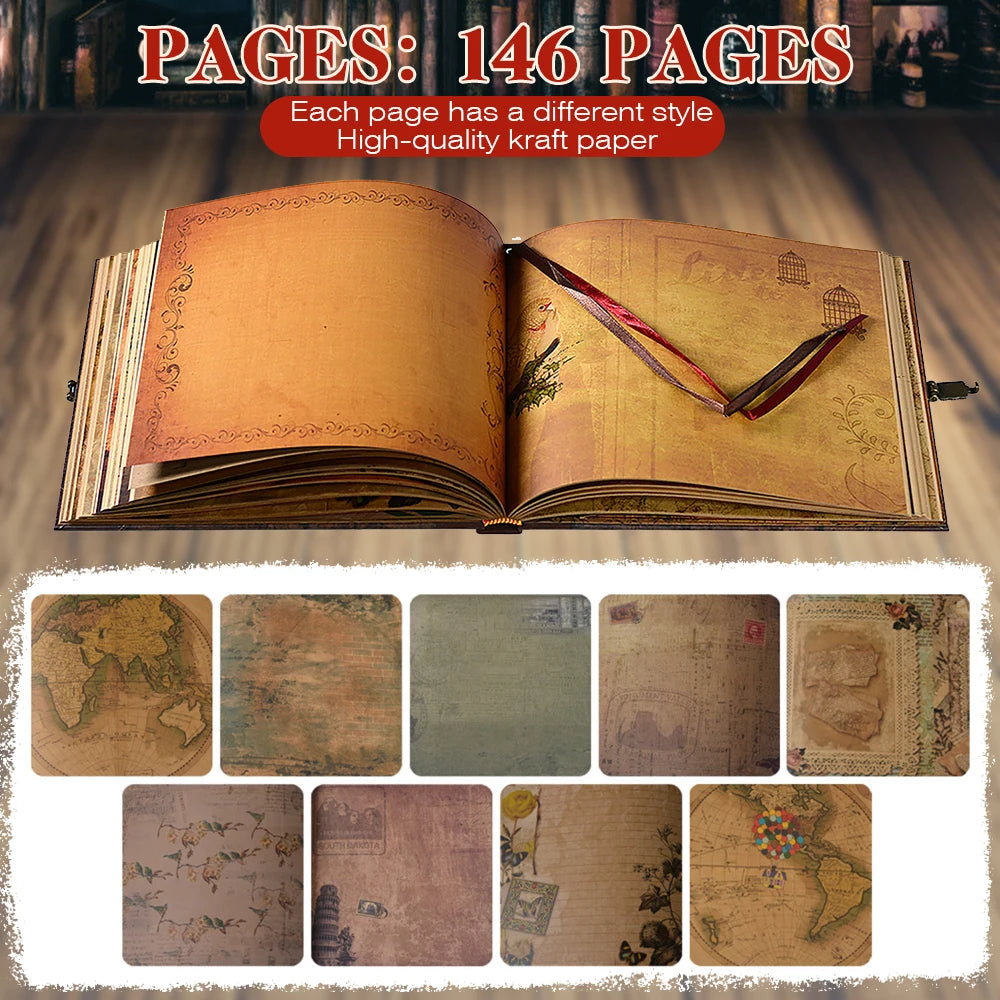 An open vintage scrapbook photo album showing 146 pages of different style kraft paper.