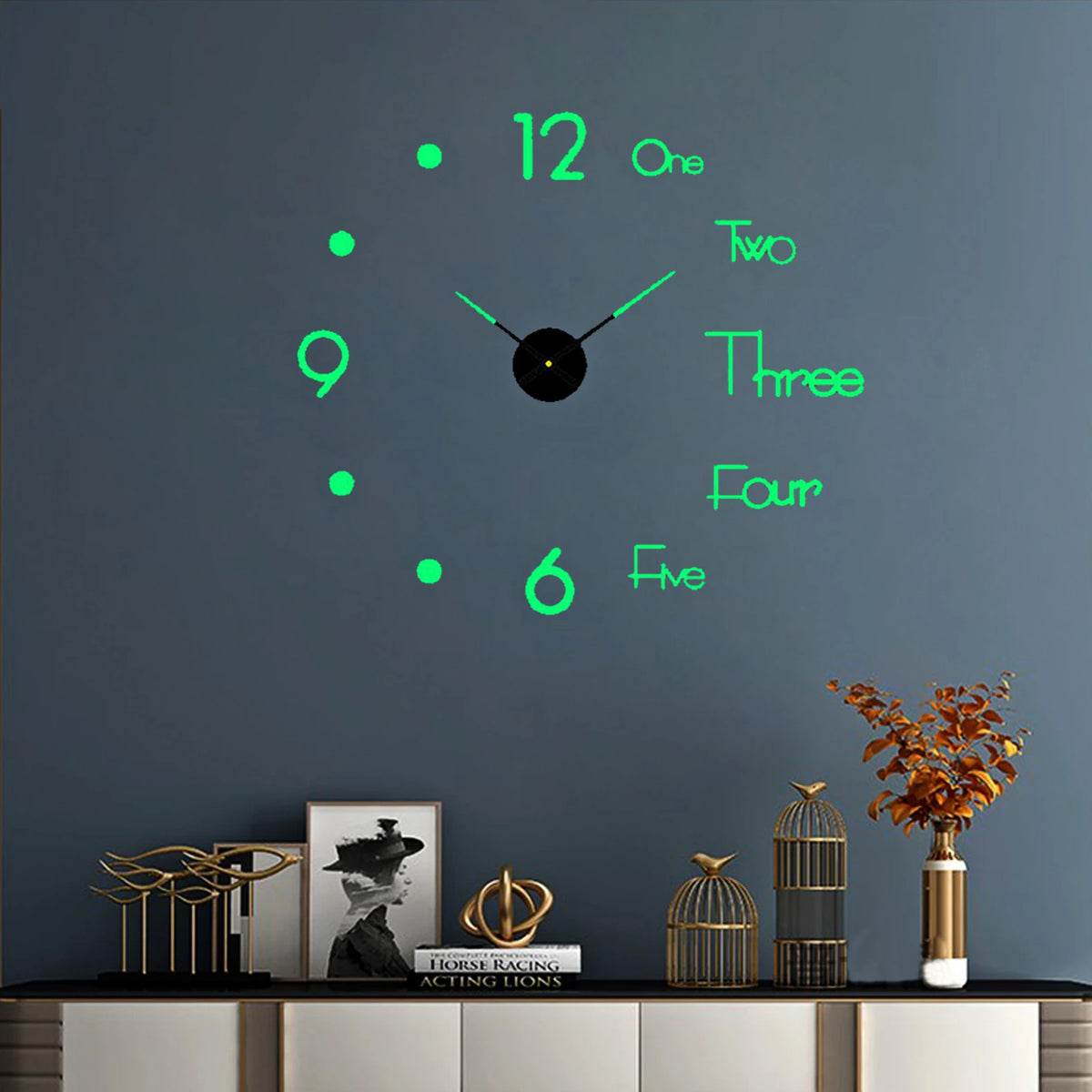 A modern 3D acrylic wall clock with DIY sticker numbers showing the time.