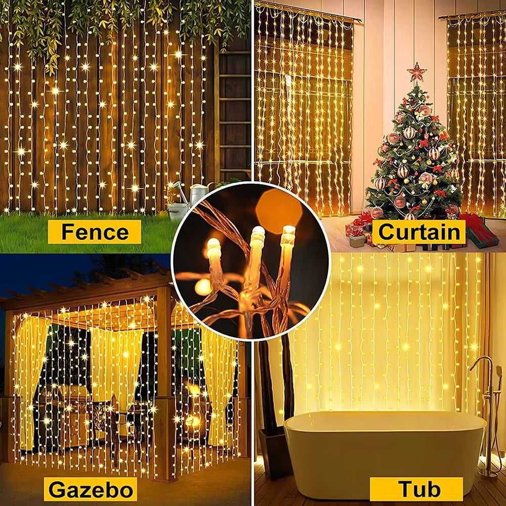 Outdoor decor featuring solar LED icicle string lights on a fence, curtain, gazebo, and tub.