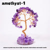 A amethyst crystal tree featuring purple crystals and a base of larger amethyst stones.