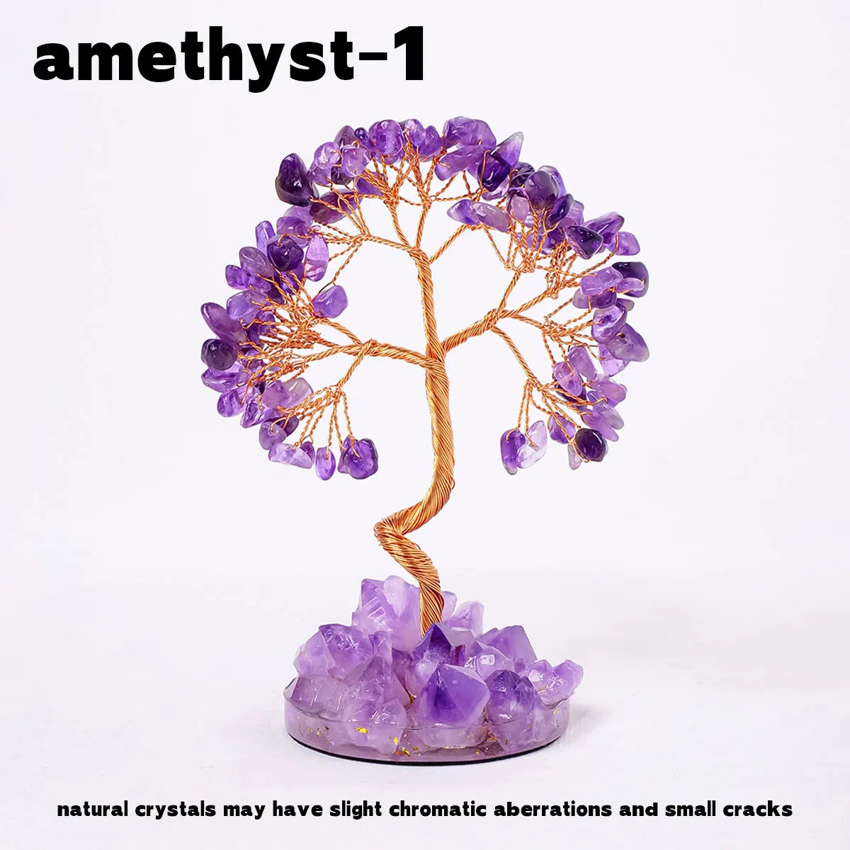 A amethyst crystal tree featuring purple crystals and a base of larger amethyst stones.