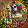 A decorative aluminum sign featuring a vibrant skull and woman face in traditional Day of the Dead style with colorful flower
