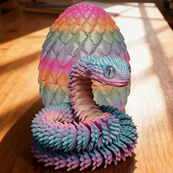 Juguete serpiente arcoíris colorido 3D móvil con escamas iridiscentes sobre una superficie de madera.