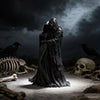 A dark statue of the Grim Reaper embracing a figure, set against a moody, desolate background with bones.