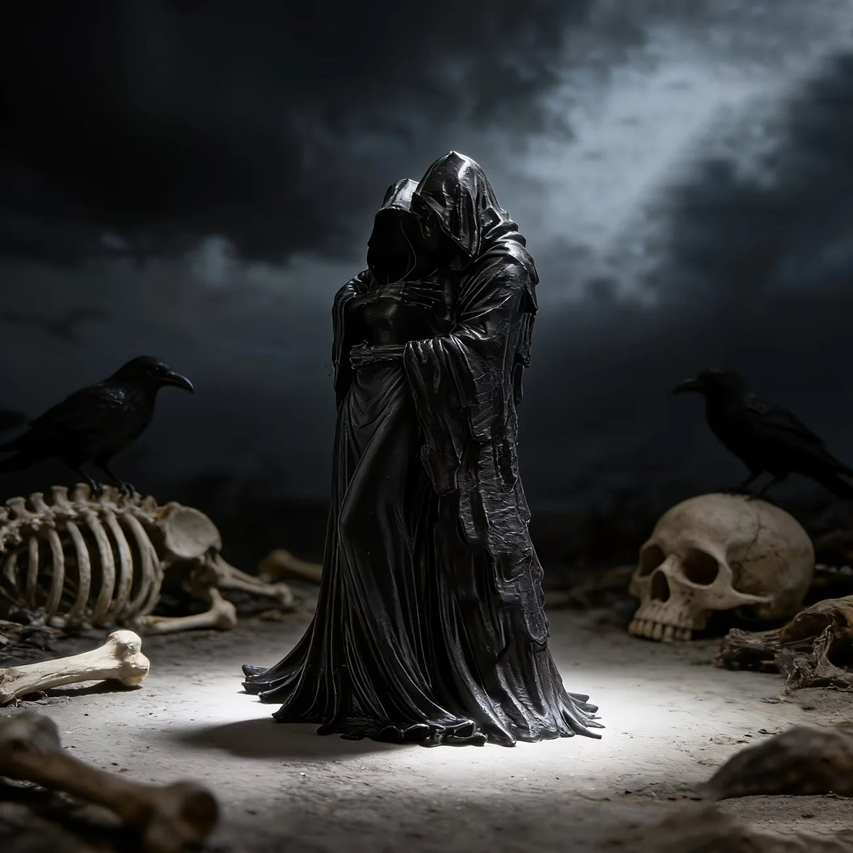 A dark statue of the Grim Reaper embracing a figure, set against a moody, desolate background with bones.