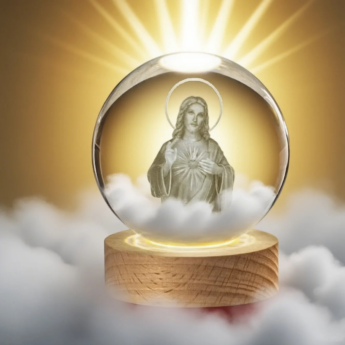 A crystal ball night light featuring a statue of Jesus with a halo, set on a wooden base amidst clouds.