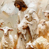 Peinture à l'huile de Jésus tenant un agneau entouré de brebis sur une toile texturée.