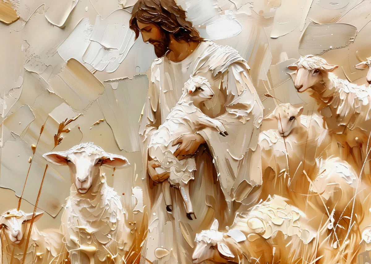 Peinture à l'huile de Jésus tenant un agneau entouré de brebis sur une toile texturée.