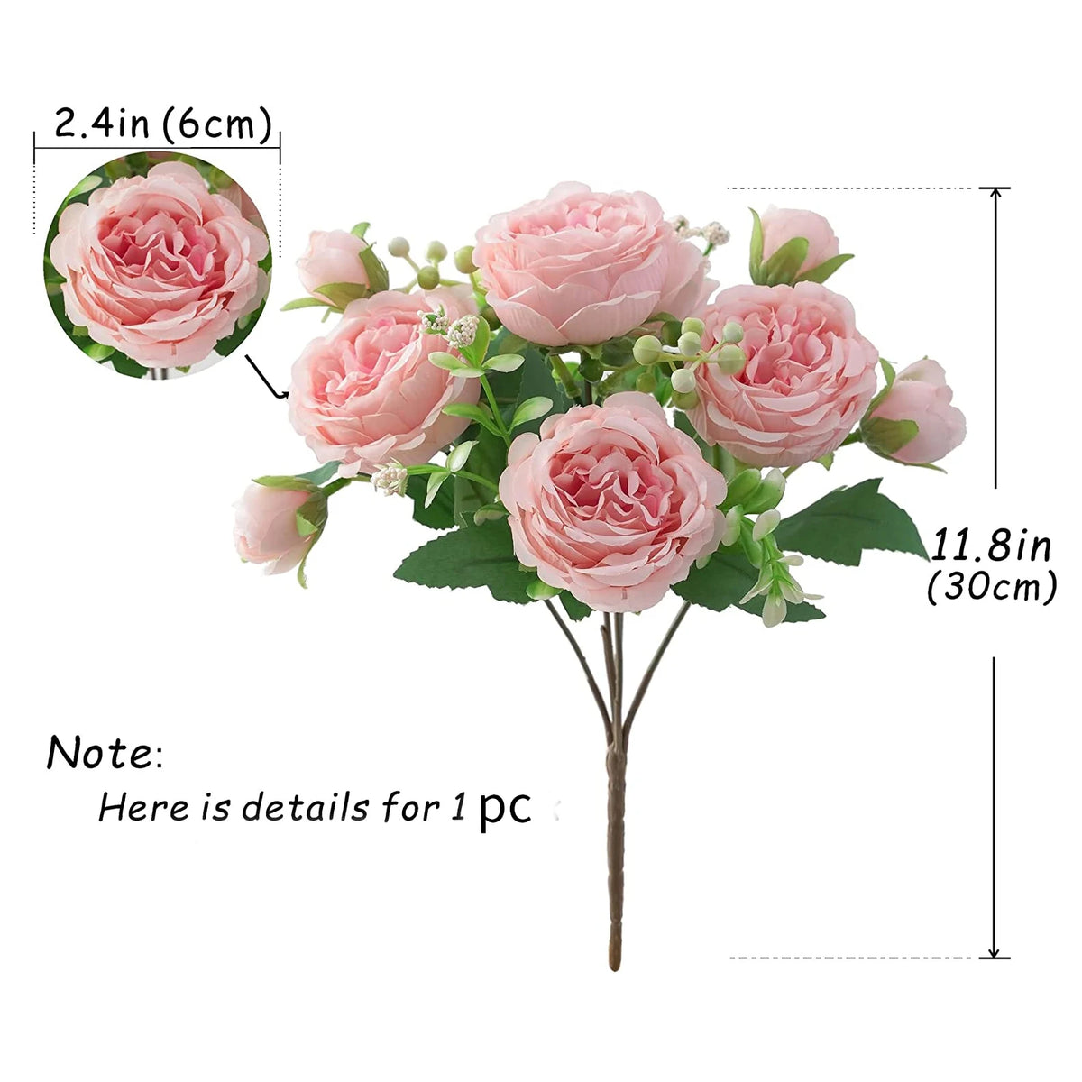 A bouquet of pink silk peony roses, 30cm in size, used for weddings and home decor.