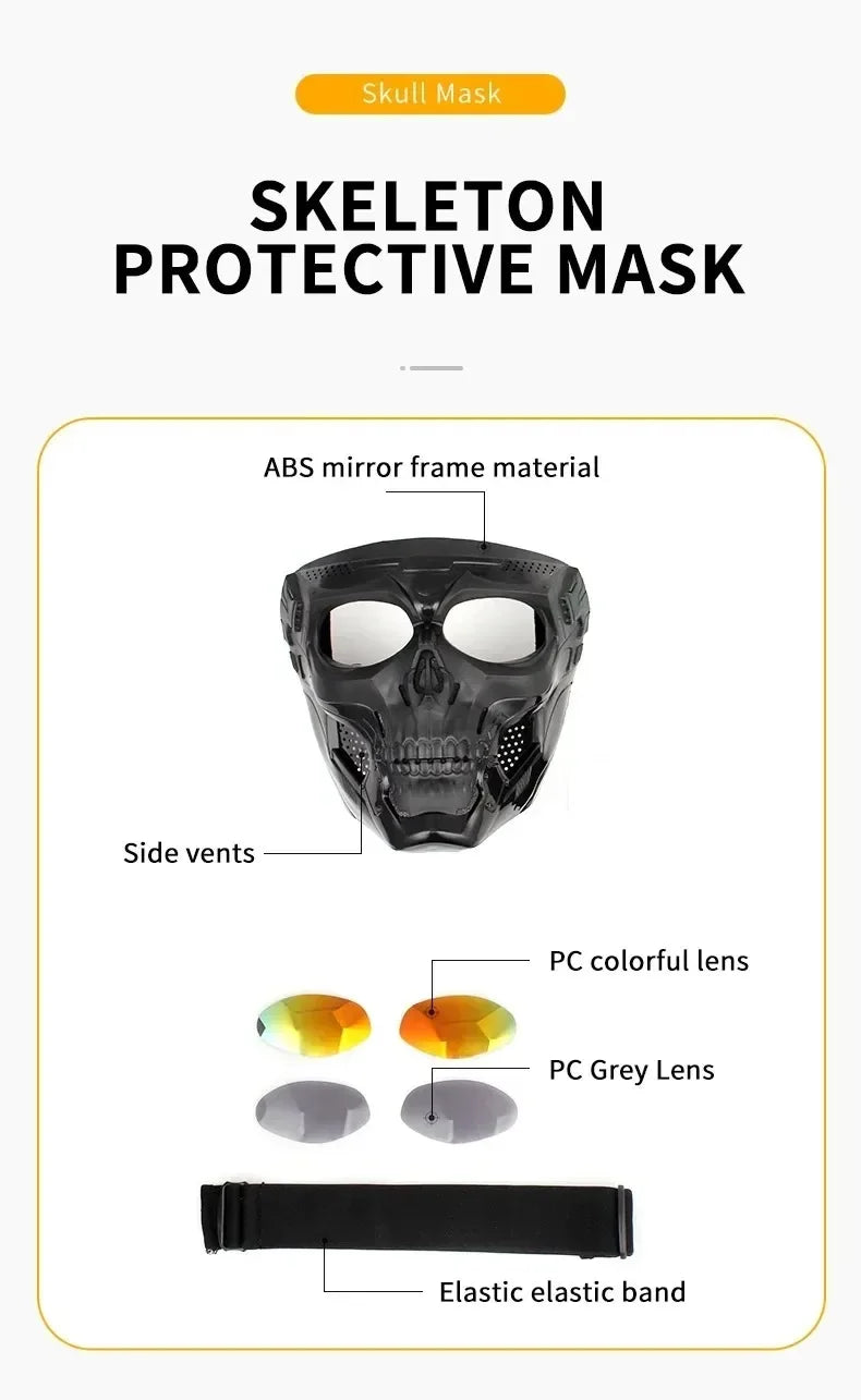 Skeleton protective mask featuring an ABS mirror frame, PC colored lenses, and an elastic band.