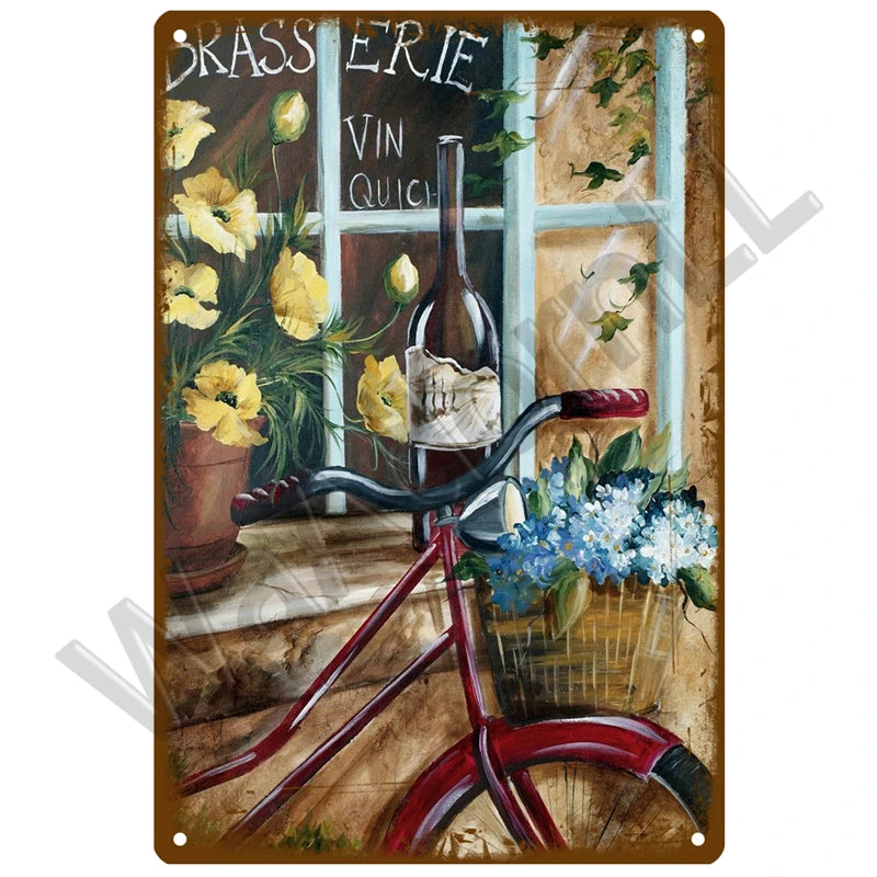 A vintage metal sign featuring a painting of a bottle, flowers, and a bicycle.