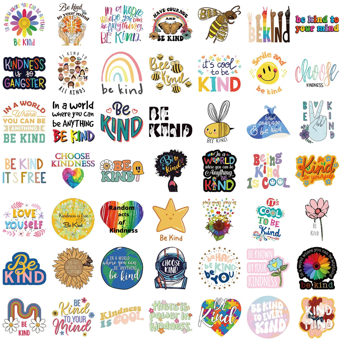 An inspirational motivational sticker pack featuring various sayings like Be Kind and Choose Kindness on colorful designs.