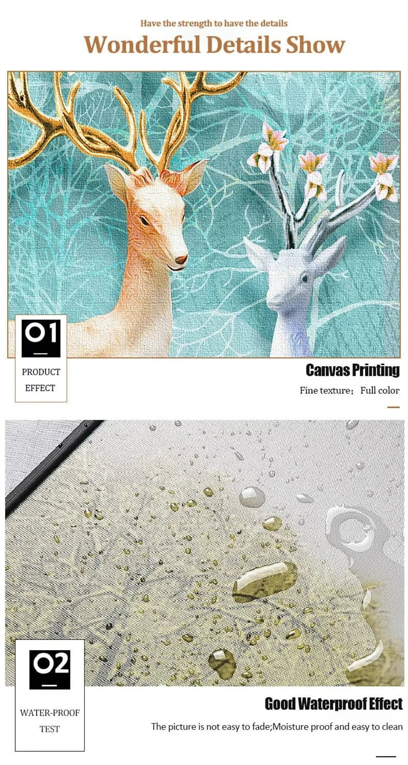 Impresión en lienzo de una cabeza de ciervo y una cabeza de cabra blanca con textura fina y color completo