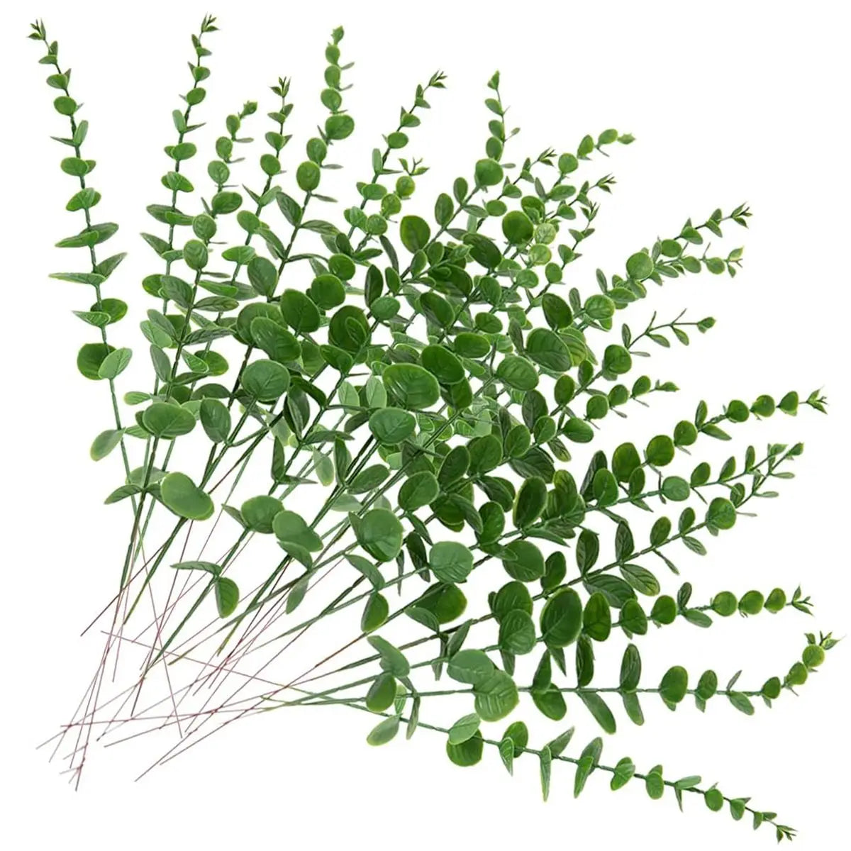 A sprig of artificial eucalyptus leaves used for home and event decoration.
