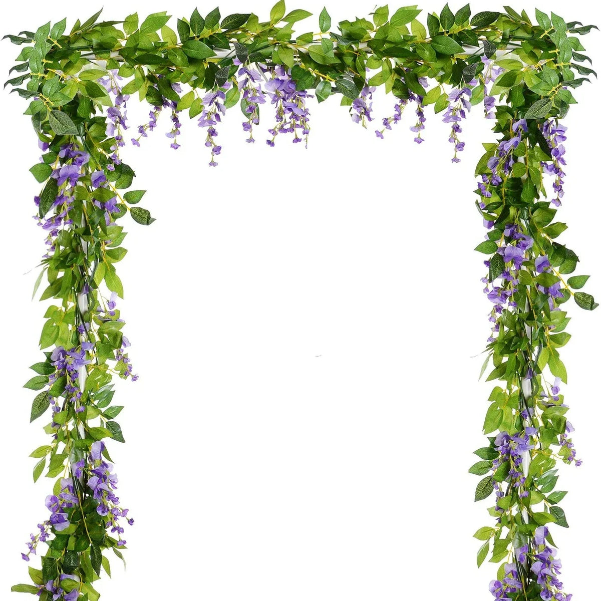 Green silk wisteria vine garland with purple flowers used as a wedding and home decor arch