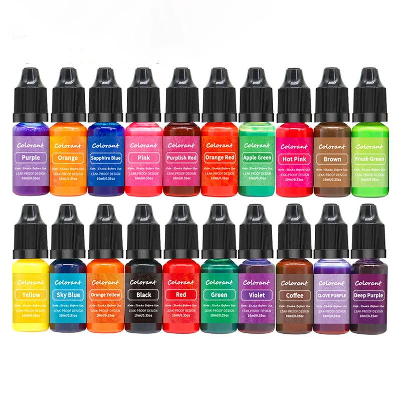 A set of 20 liquid candle dye pigments in various colors including purple, orange, pink, red, green, and brown for soap and c