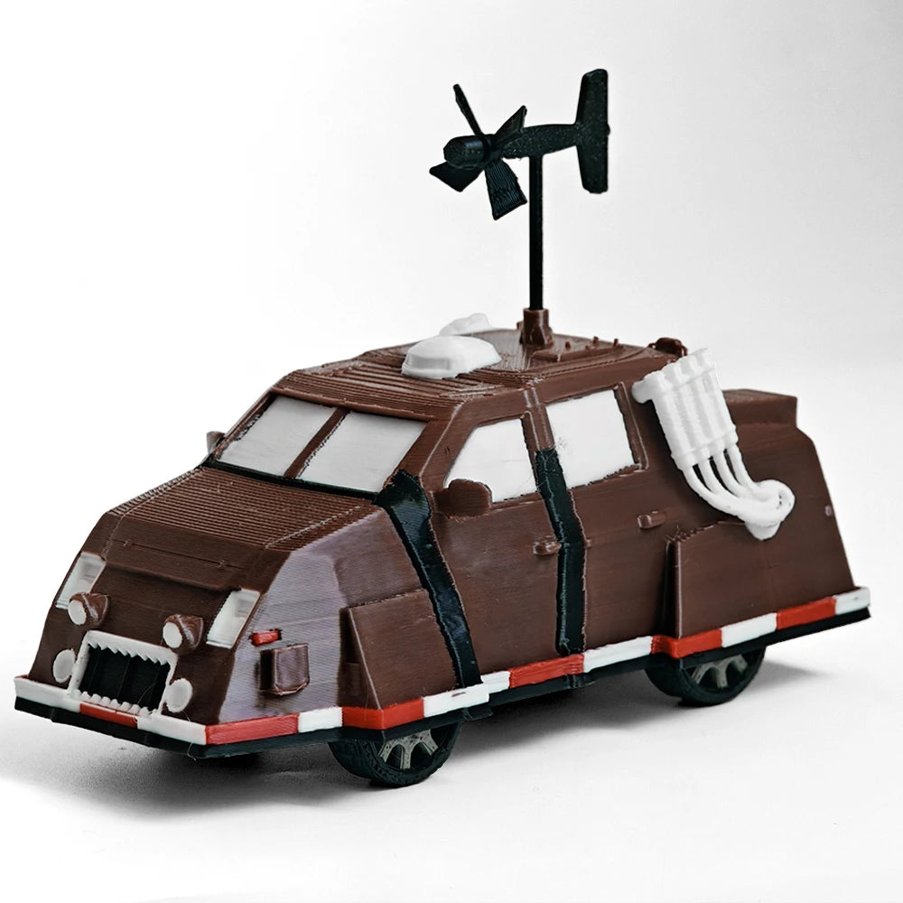 A detailed model of a Storm Chaser Tornado Interceptor armored car, painted brown and white, with an antenna on top.