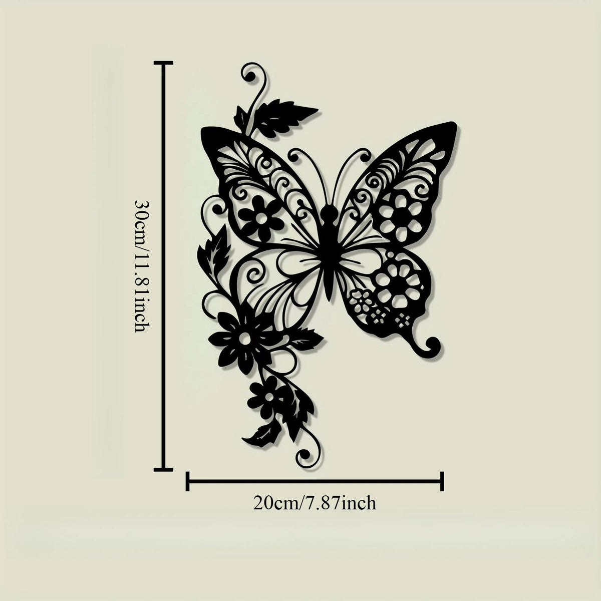 Black metal art of an Art Nouveau butterfly with intricate floral designs on a beige background.