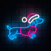 A neon sign shaped like a dachshund dog outline glowing in blue and pink on a dark surface.