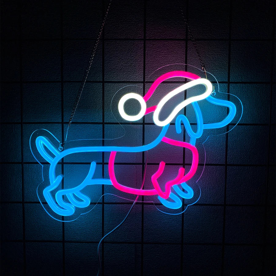 A neon sign shaped like a dachshund dog outline glowing in blue and pink on a dark surface.