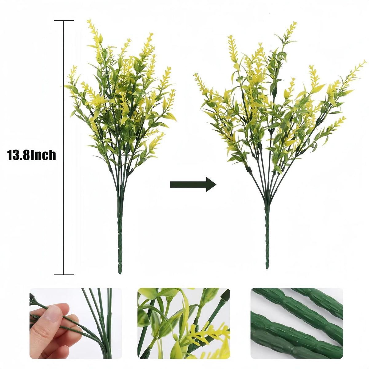 A vertical arrangement of artificial yellow-green flowers on a stem, shown from the side and close-up views.