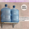 Two blue glass bottles are supported by heavy-duty shelf brackets, demonstrating a maximum load bearing capacity of 330 lbs.
