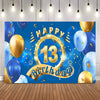 A vibrant blue backdrop banner for a happy 13th birthday featuring gold balloons and confetti.