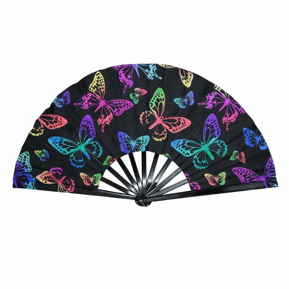 A black folding hand fan decorated with colorful fluorescent UV glow butterfly patterns.
