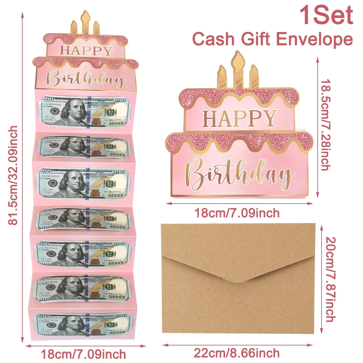 A set of pink birthday cash gift envelopes decorated with a cake design and gold toppers.