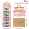 A set of pink birthday cash gift envelopes with a cake design and a gold topper.