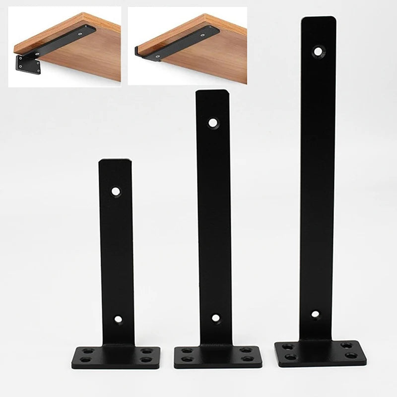 Two black heavy-duty floating shelf brackets shown in various angles and isolated views.