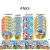 A set of 61 pieces of building block birthday party decorations featuring colorful characters and themed elements.