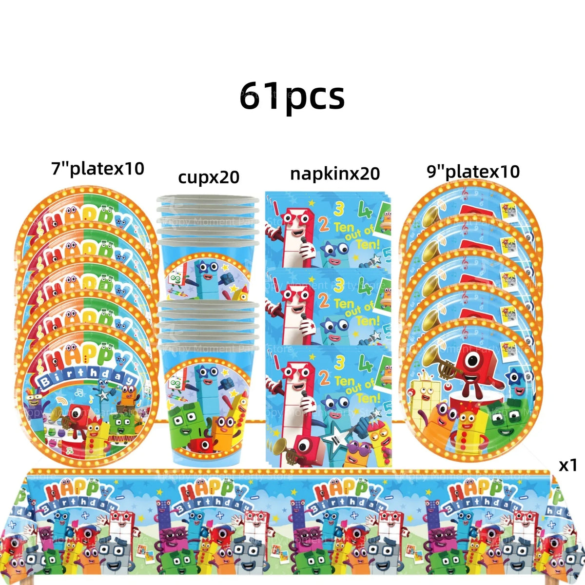 A set of 61 pieces of building block birthday party decorations featuring colorful characters and themed elements.
