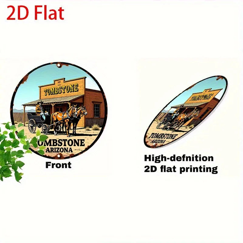 2D flat printing of a vintage western tombstone sign featuring a wooden building and horses.