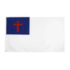 A white flag with a blue square in the upper hoist corner featuring a red cross.
