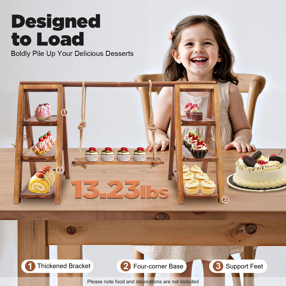 A child smiles while displaying delicious desserts on a wooden 3-tier dessert display stand.