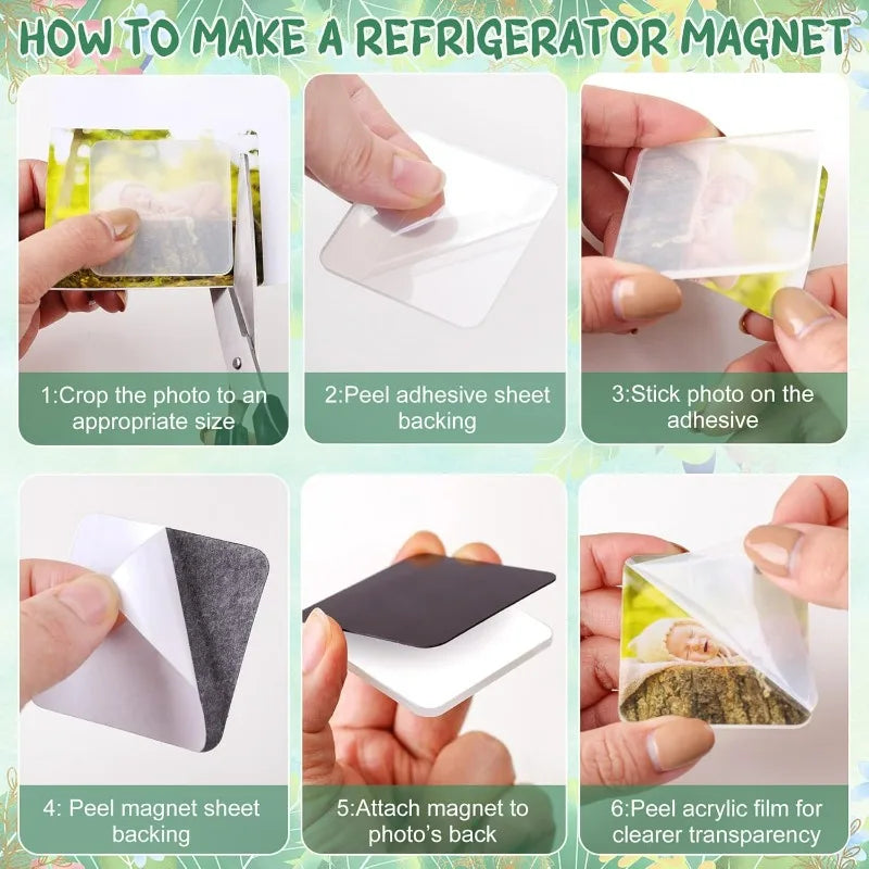 Instructions showing how to make a refrigerator magnet using photo paper and adhesive backing