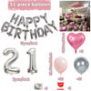 A set of 51-piece silver and pink balloons, including letter balloons and number balloons, for a birthday decoration.