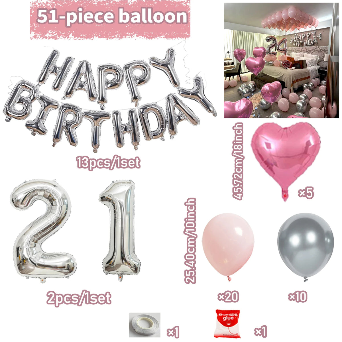 A set of 51-piece silver and pink balloons, including letter balloons and number balloons, for a birthday decoration.