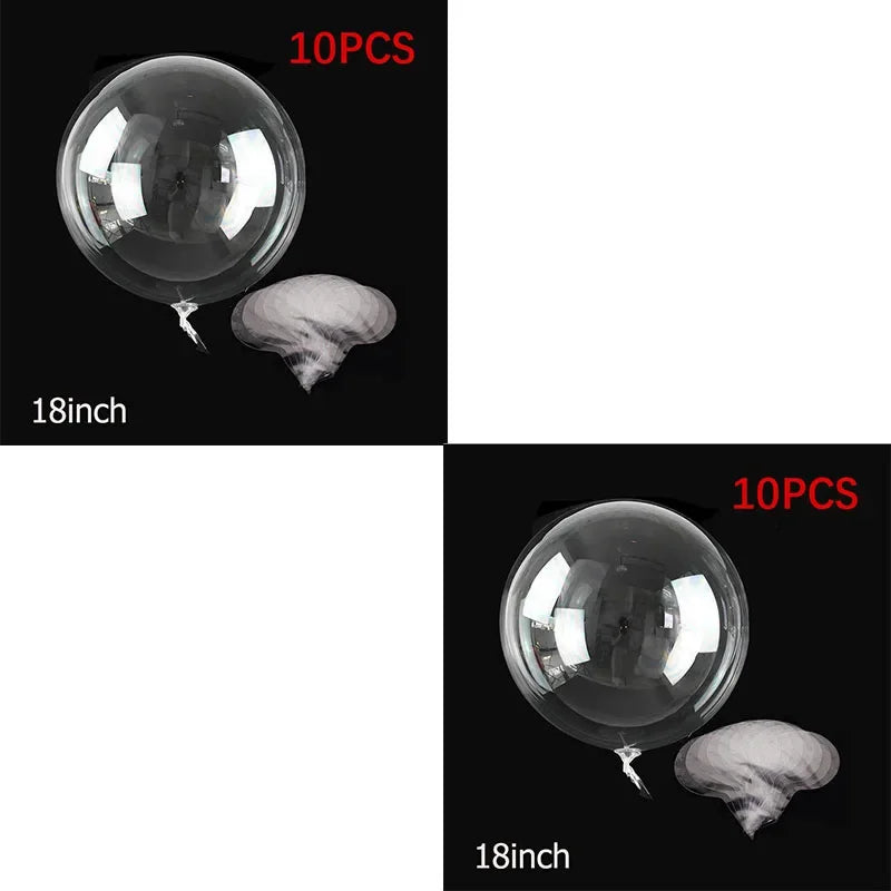 A set of 10 clear bubble balloons, 18 inches in diameter, shown next to a piece of white foam.