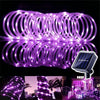 Purple solar-powered LED rope lights coiled and displayed in various outdoor decorative settings.