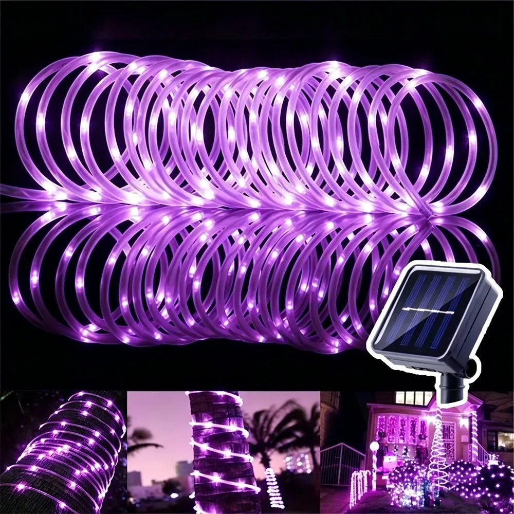 Purple solar-powered LED rope lights coiled and displayed in various outdoor decorative settings.