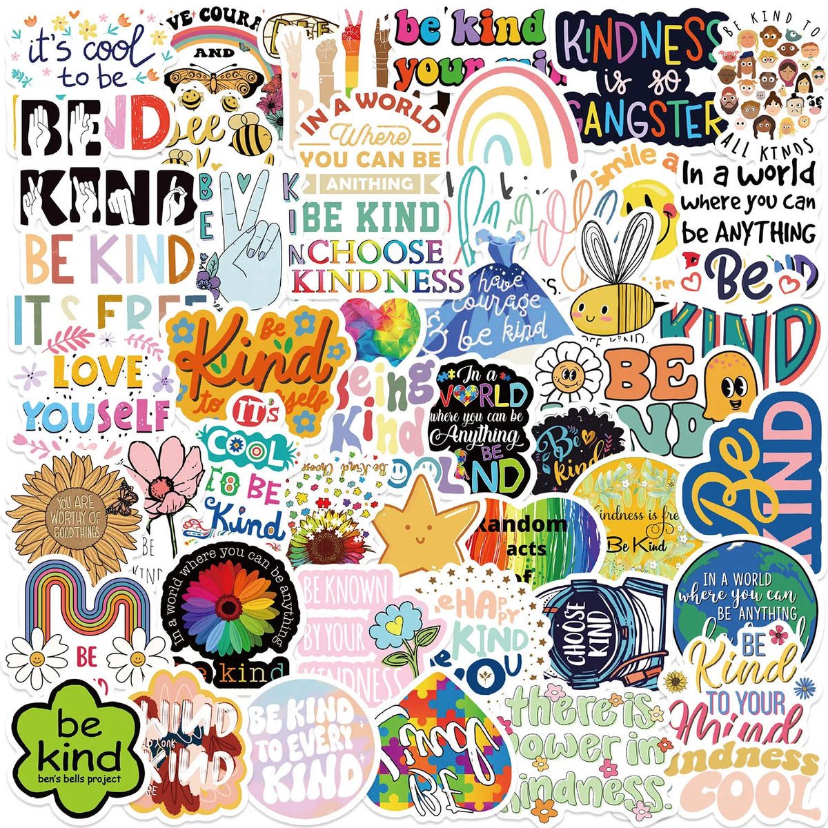 An inspirational motivational sticker pack featuring various words and designs like Kind Love Be Kind and Kindness in a world