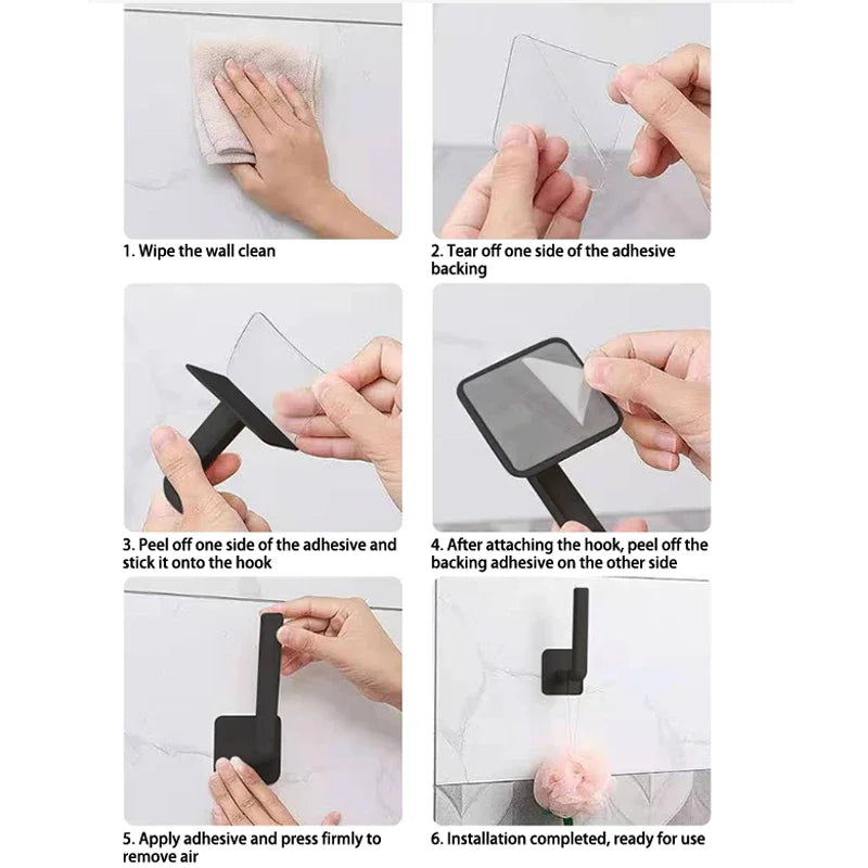 Step-by-step instructions showing how to attach adhesive cap holder hooks for wall mounted hat storage.